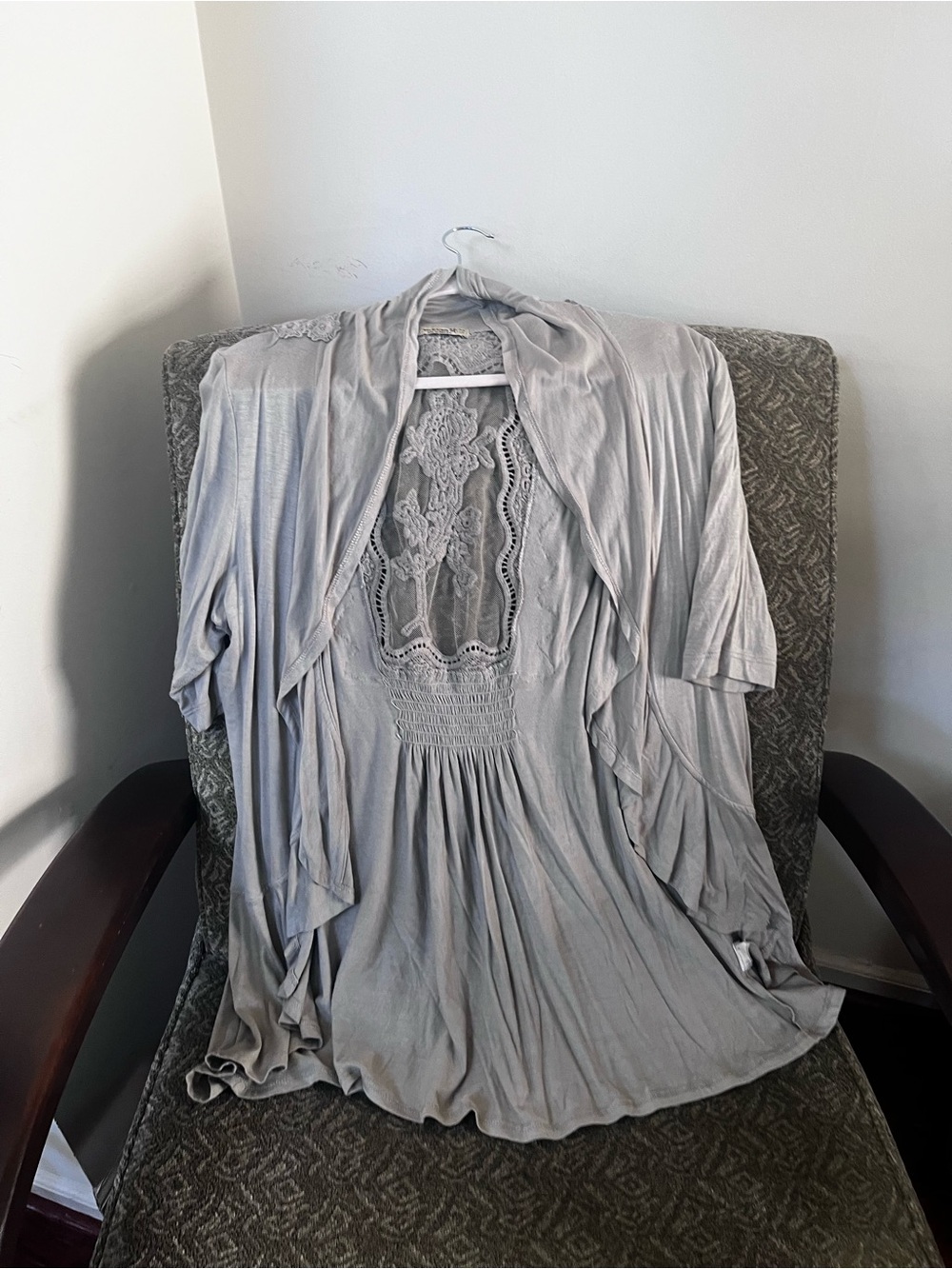 ONE WORLD Light Gray Lace-Back Draped Tunic